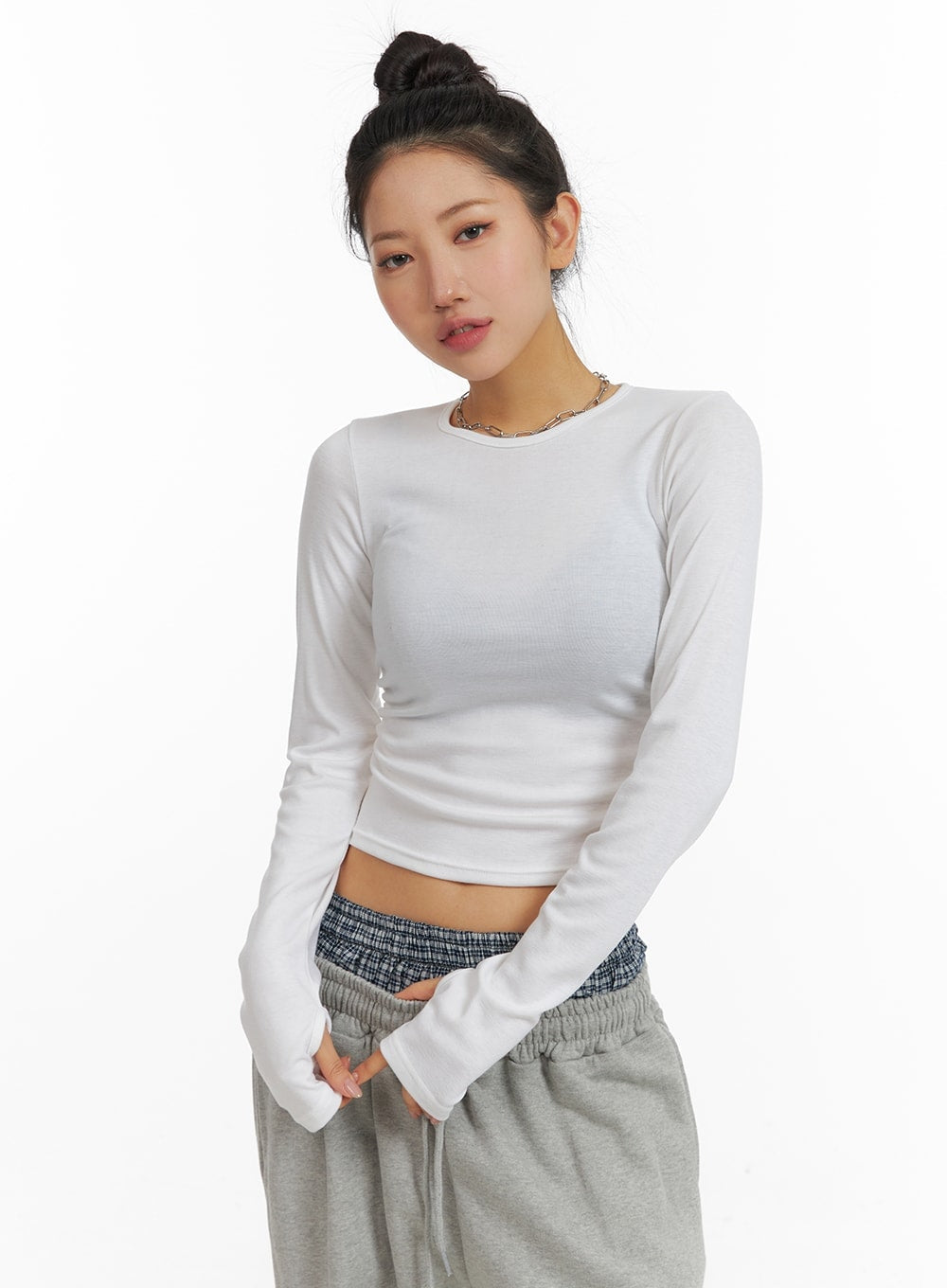solid-long-sleeve-crop-top-cm408 / White