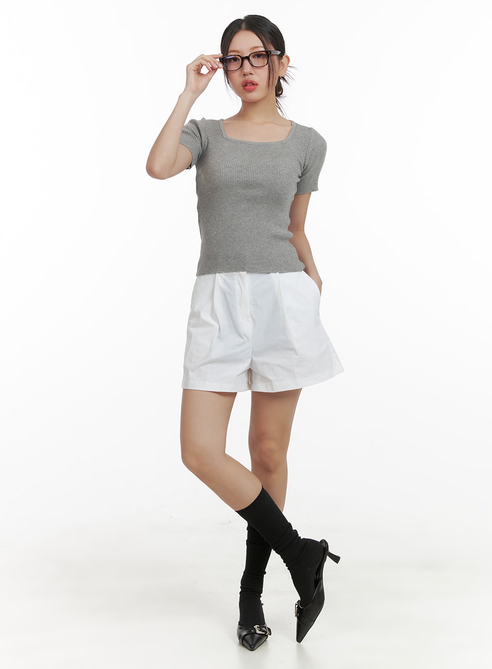 pintuck-solid-cotton-shorts-oa419 / White