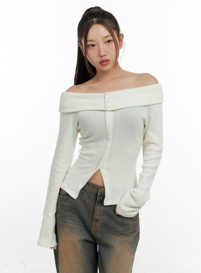 buttoned-off-shoulder-blouse-cn412 / White