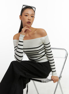 stripe-buttoned-off-shoulder-top-io409 / White