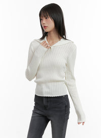 ribbed-collared-slim-top-cg426 / White