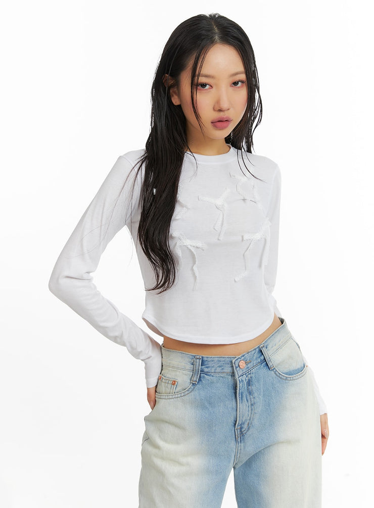 solid-bowknot-long-sleeve-top-cj425 / White