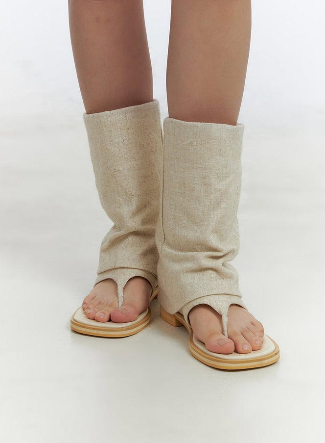 linen-open-toe-midi-boots-cl410 / Beige