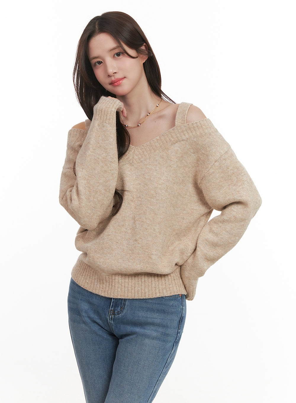 Off-Shoulder V-Neck Sweater with Straps CJ515