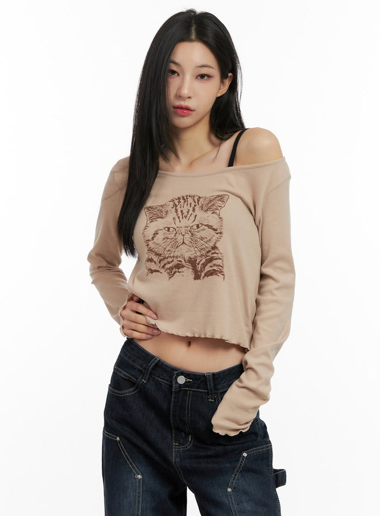 cat-graphic-print-cropped-shirt-cn416 / Beige