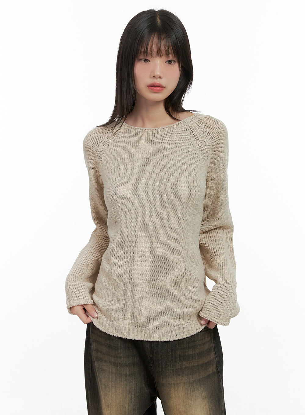 essential-long-sleeve-knit-sweater-cs412 / Beige