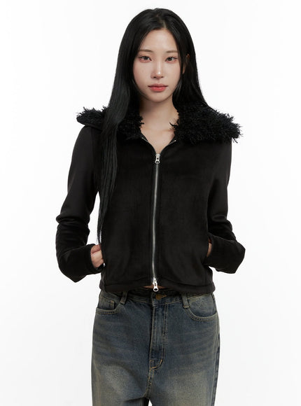 fuzzy-collared-slim-fit-zip-up-cn407 / Black