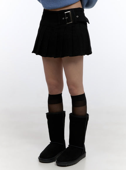 buckle-pleated-denim-mini-skirt-co419 / Black