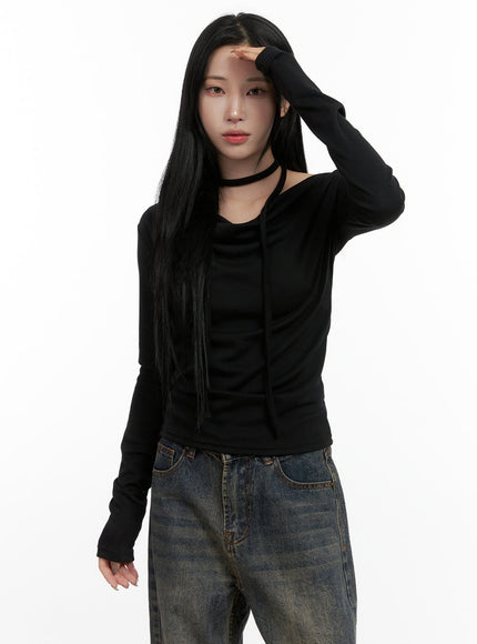 shirred-elegance-long-sleeve-tee-cn411 / Black