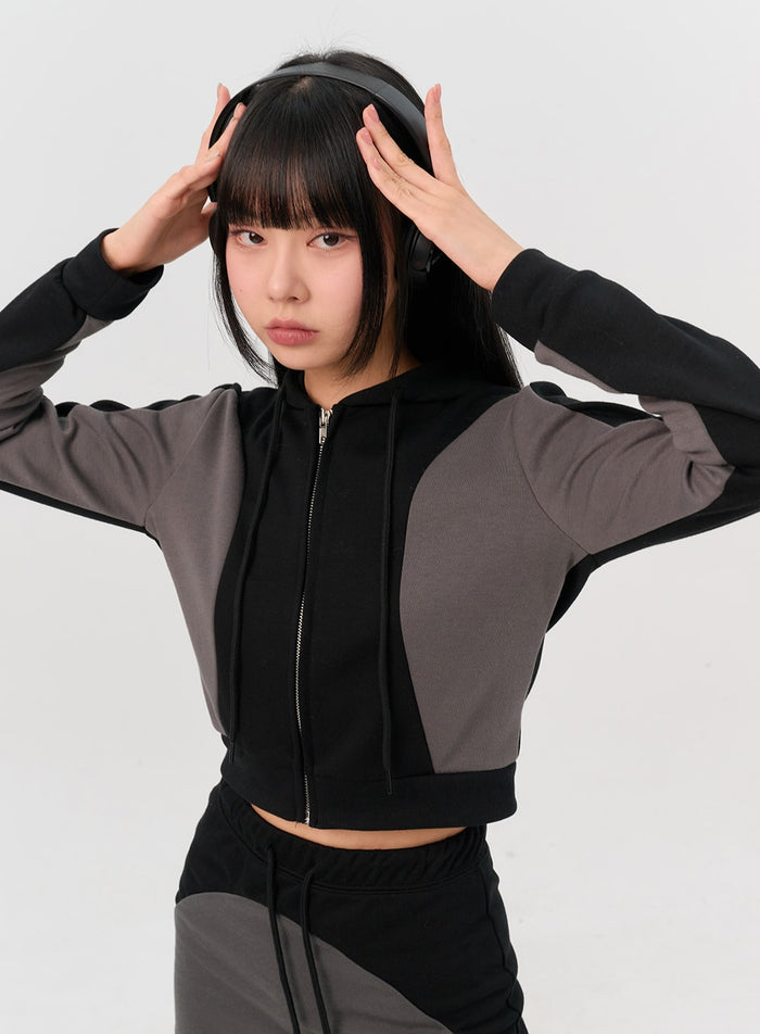 color-block-zip-up-sweat-hoodie-in302 / Black