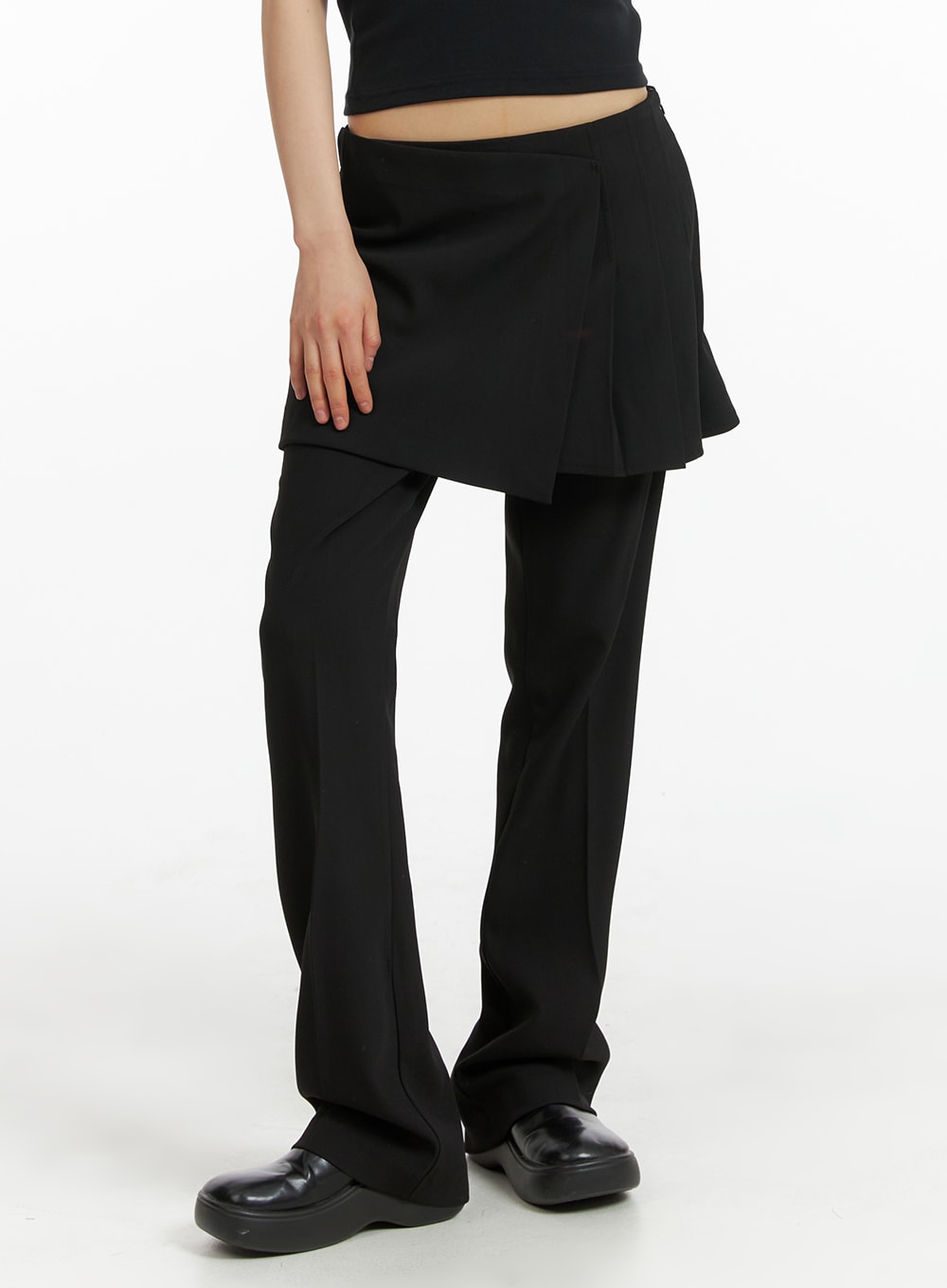 solid-skirt-layered-straight-leg-pants-cm412 / Black