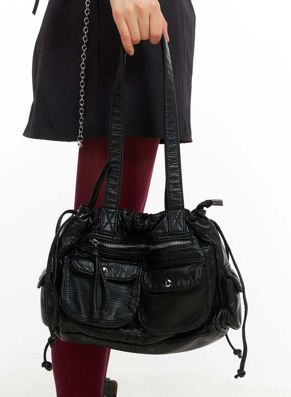 faux-leather-string-pocket-crossbody-bag-ca418 / Black