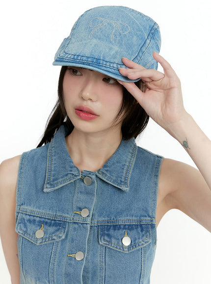 denim-ribbon-beaded-hat-cl426 / Blue