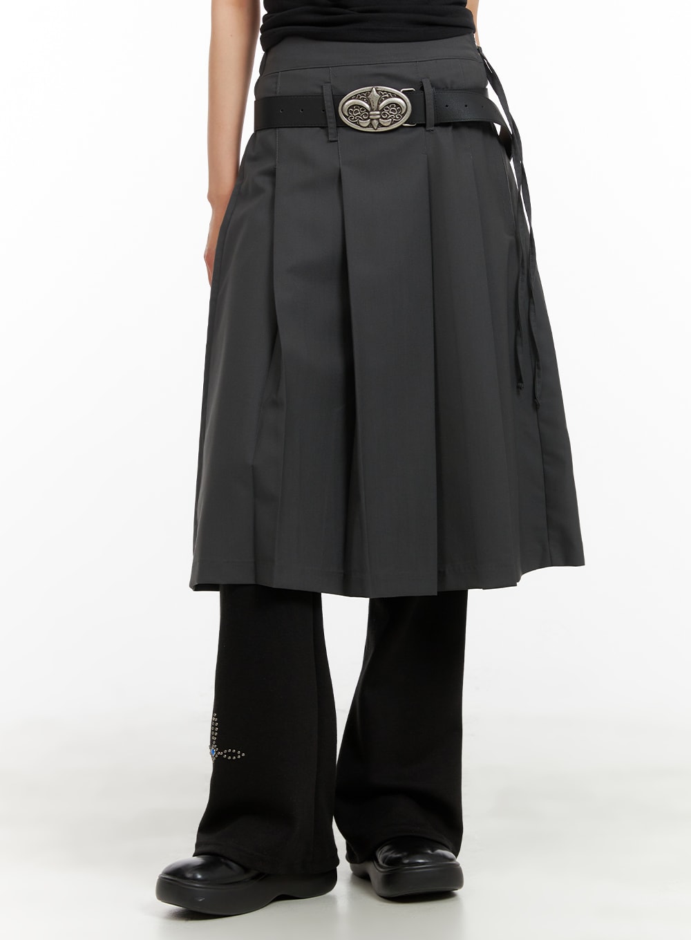 solid-strap-pleated-midi-skirt-ca418 / Dark gray