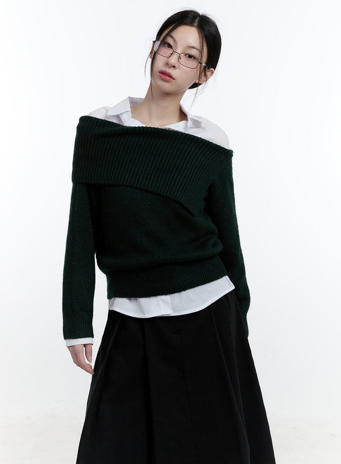 off-shoulder-asymmetric-sweater-cj520 / Dark green