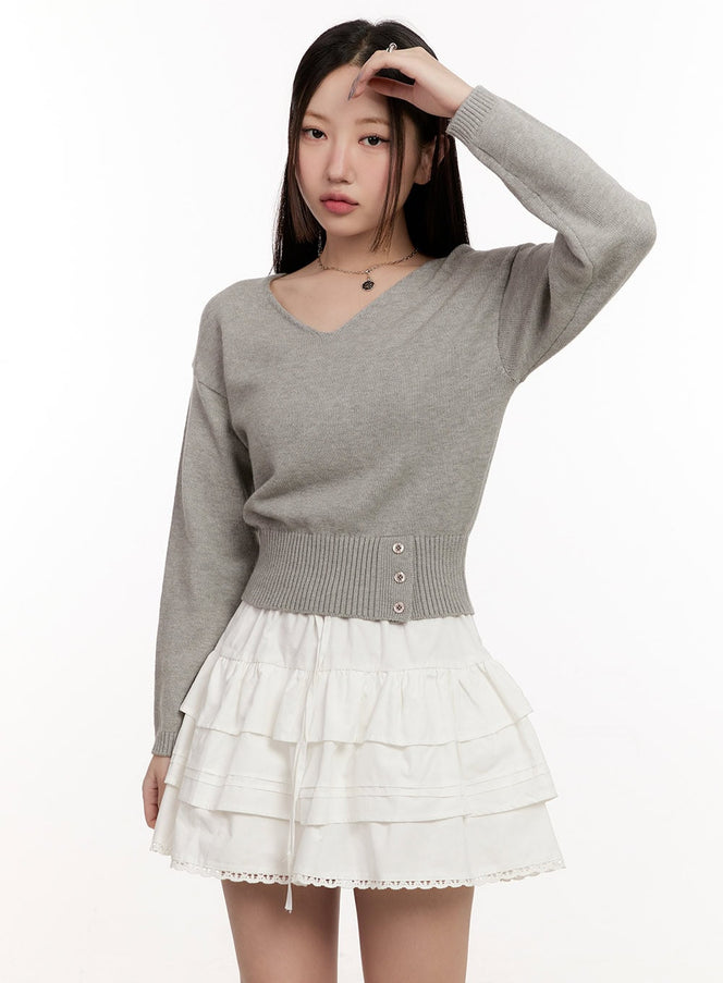 Buttoned V-Neck Crop Sweater CM510