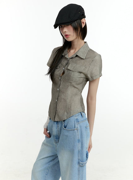 washed-buttoned-crop-shirt-cl426 / Gray