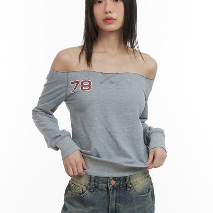 off-shoulder-cotton-lettering-top-co410 / Gray