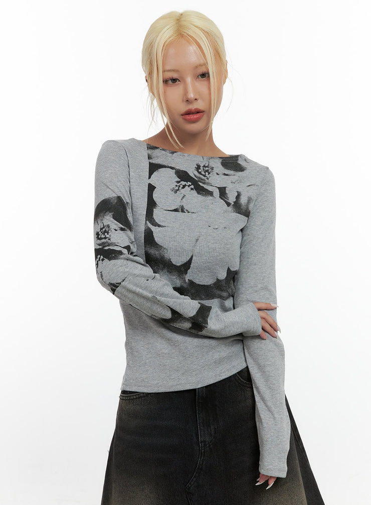 blossom-print-long-sleeve-tee-cs425 / Gray