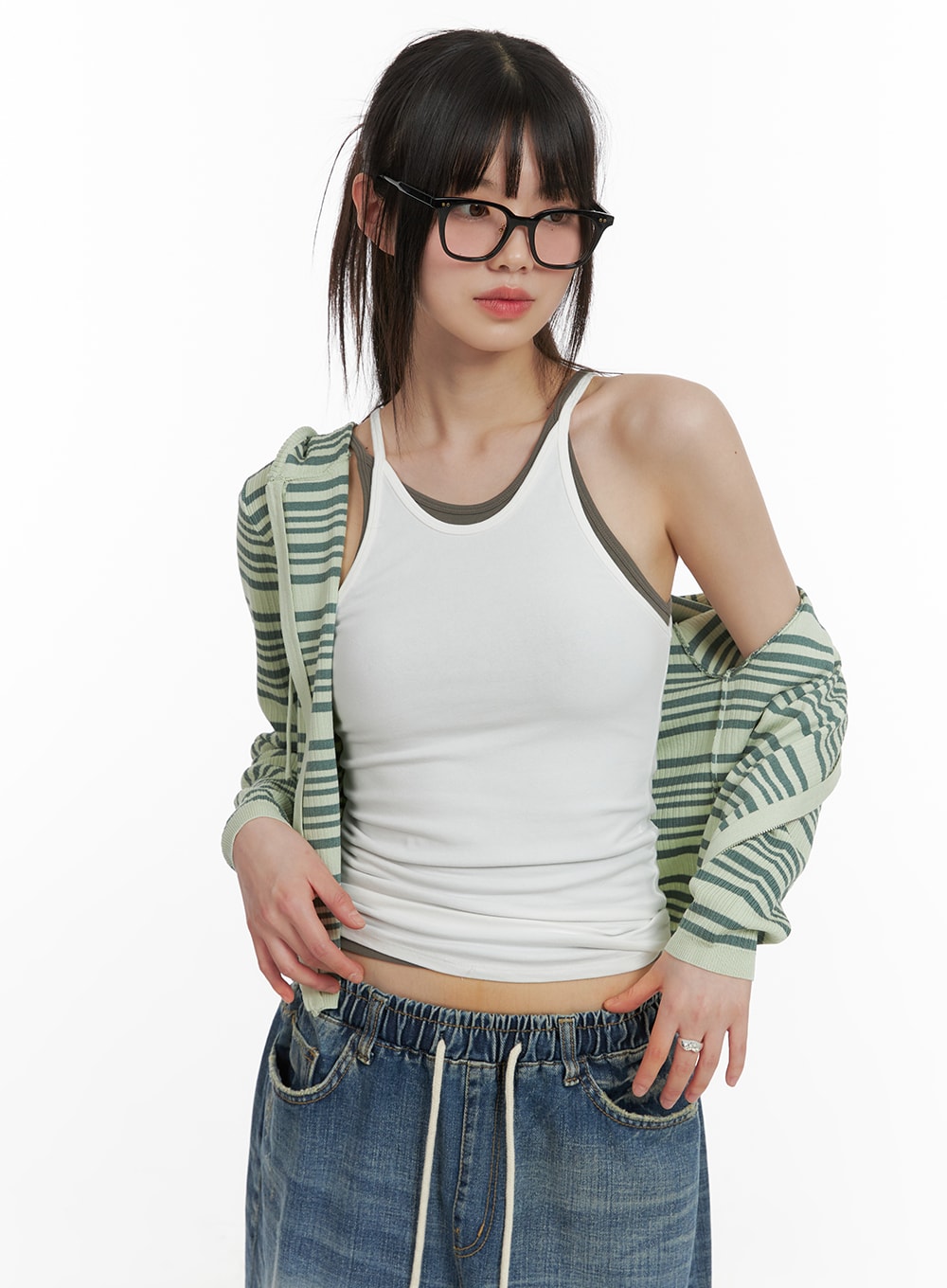 striped-zip-up-cropped-hoodie-ca418 / Green