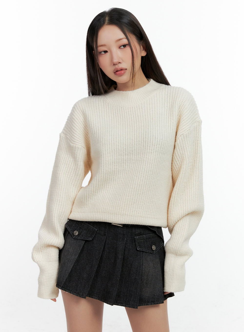 puff-sleeve-crop-sweater-cn401 / Light beige