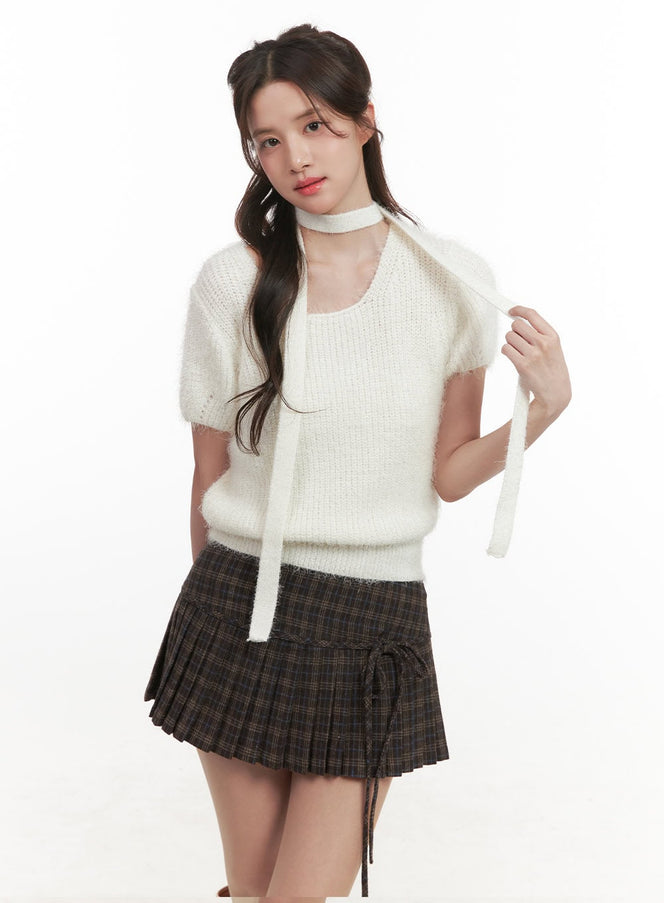 Cozy Knit Short-Sleeve Sweater with Scarf CJ514