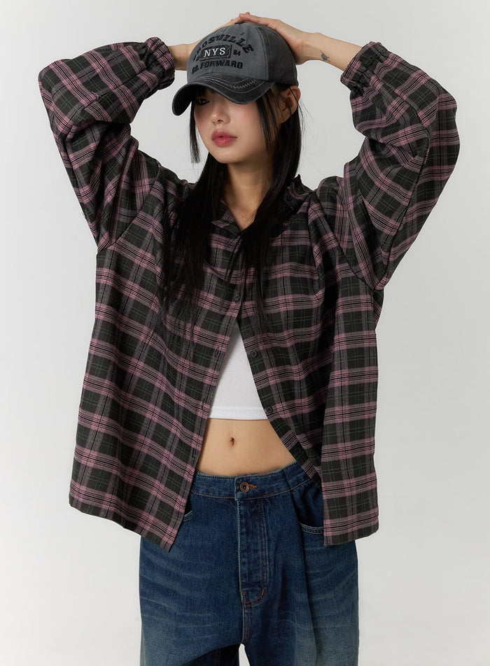 checkered-buttoned-hooded-shirt-cf407 / Pink