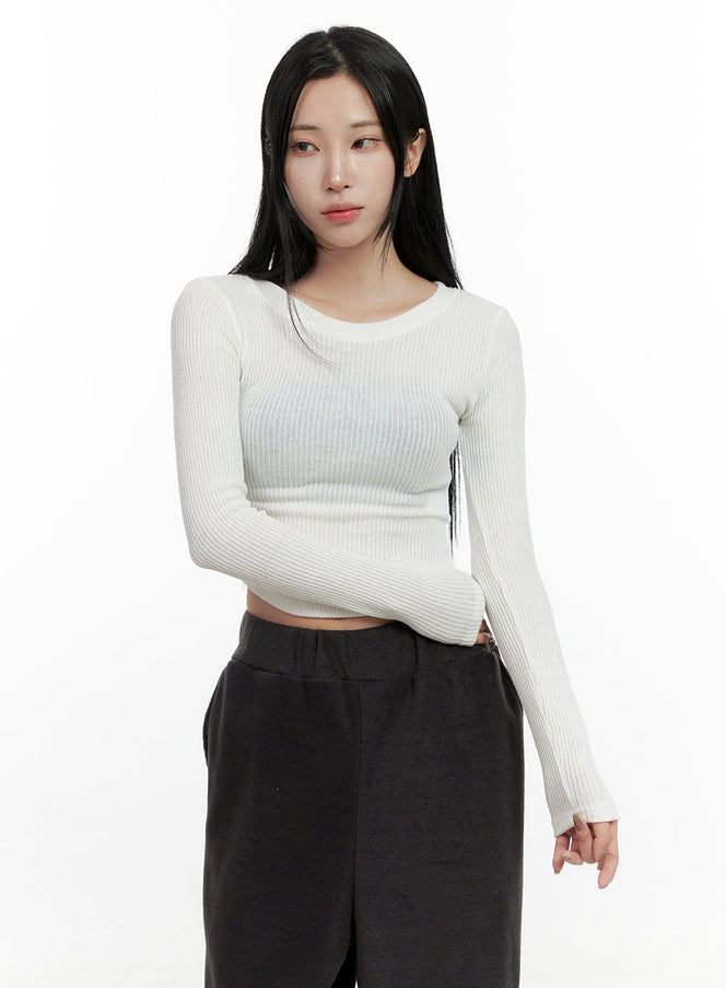 long-sleeve-round-neck-crop-top-cn408 / White