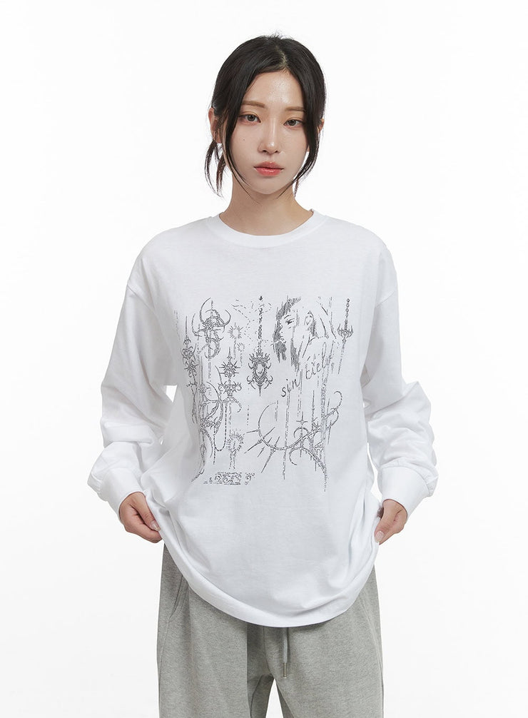 chic-graphic-print-cotton-long-sleeve-tee-co402 / White