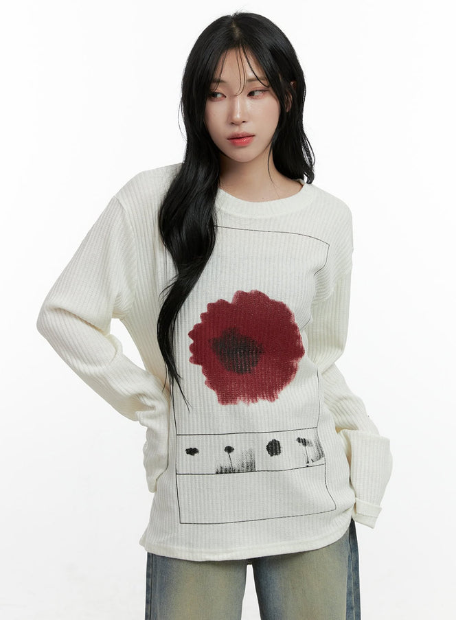 floral-ribbed-long-sleeve-tee-cn407 / White