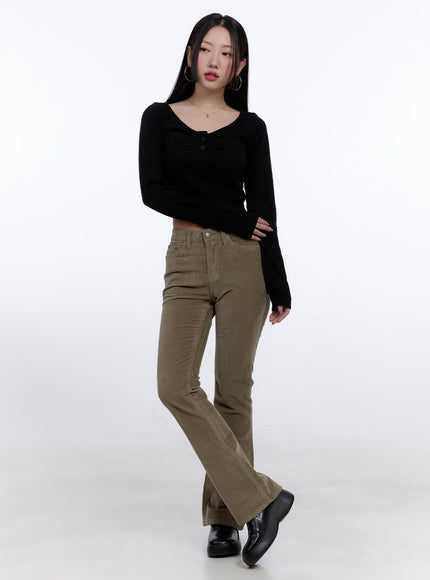 Shirred Long-Sleeve Buttoned Crop Tee CJ513