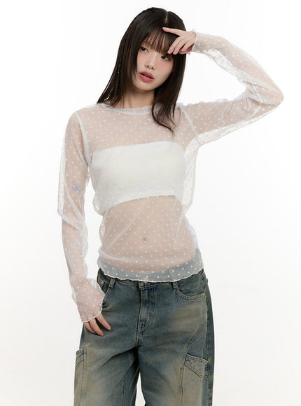 Sheer Polka-Dot Long-Sleeve Top CM513