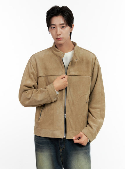 mens-solid-suede-zip-up-jacket-in411 / Beige