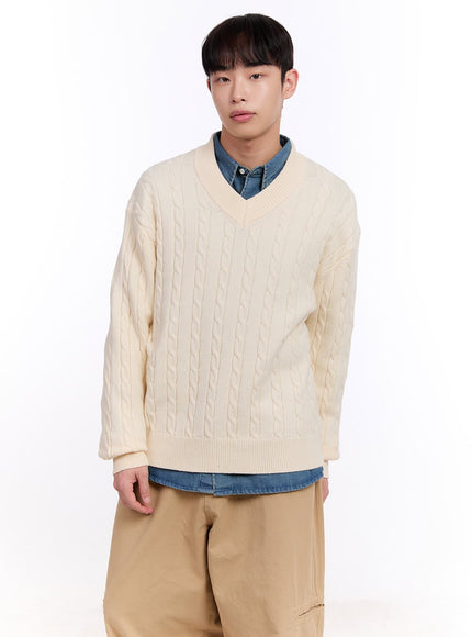 Men's Cable Knit V-Neck Sweater IM512