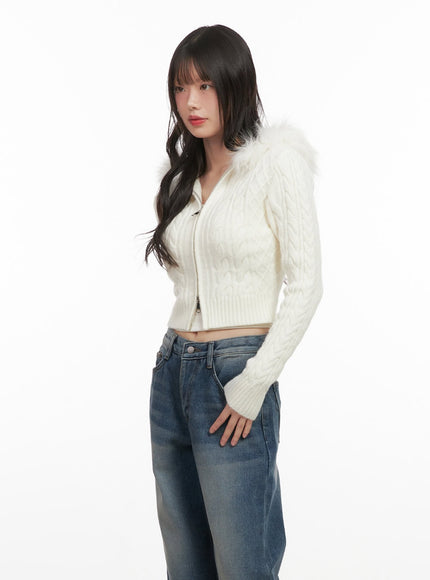 Fur-Hooded Zip-up Knit Crop Cardigan CJ502