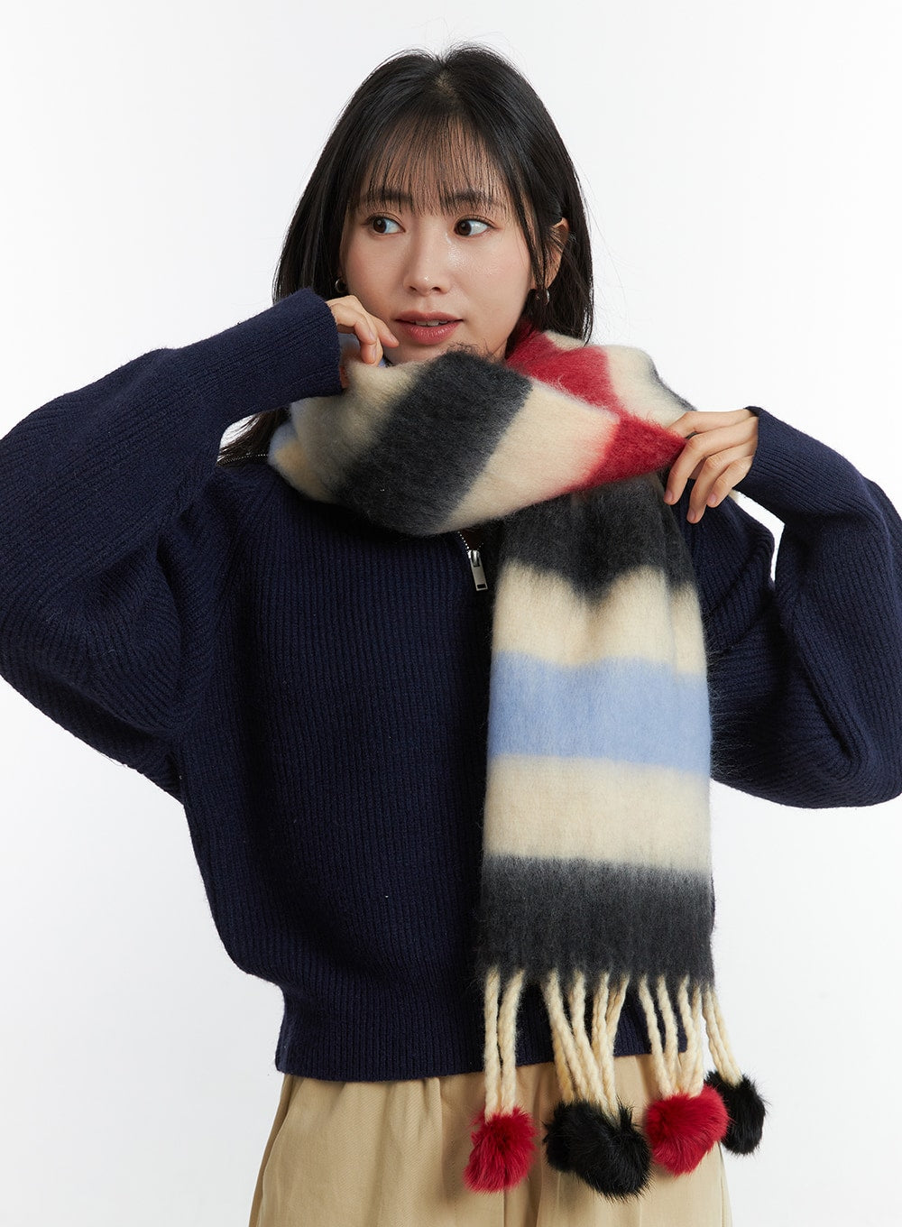 fringed-wool-color-striped-scarf-od308 / Black