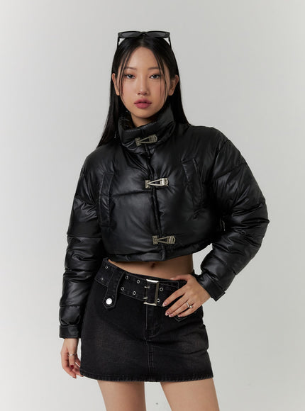 faux-leather-three-buckled-high-neck-puffer-jacket-cd315