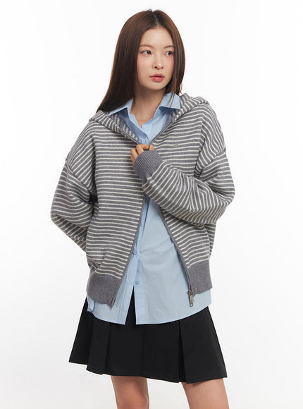 Stripe Zip-Up Hooded Cardigan IM514