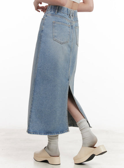 Back-Slit Stitched Denim Maxi Skirt CM511