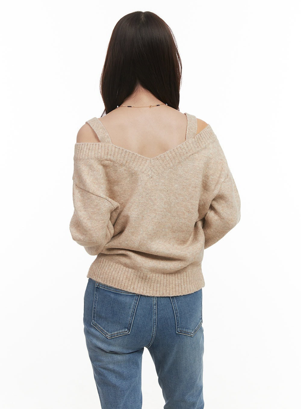 Off-Shoulder V-Neck Sweater with Straps CJ515