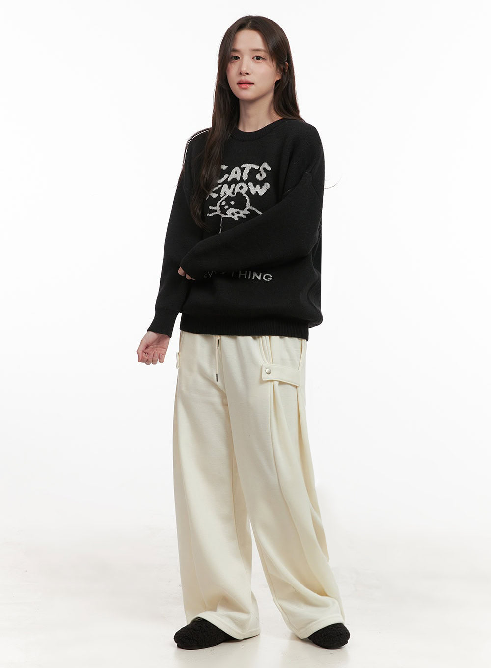 Cozy Pintuck Buttoned Wide-Leg Sweatpants IJ510