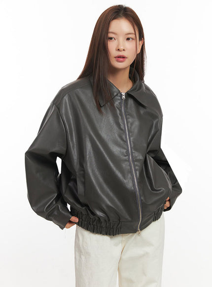 Faux Leather Zip-Up Bomber Jacket IM513