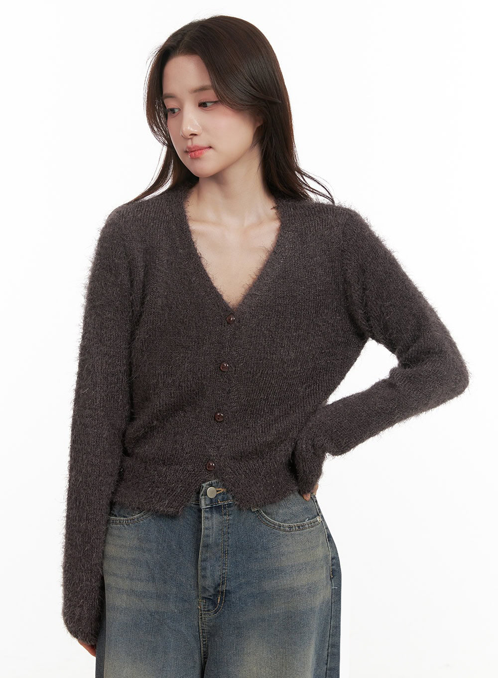 Fuzzy V-Neck Buttoned Crop Cardigan IJ510