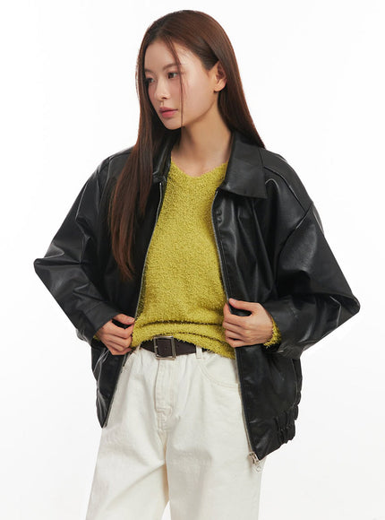 Faux Leather Zip-Up Bomber Jacket IM513