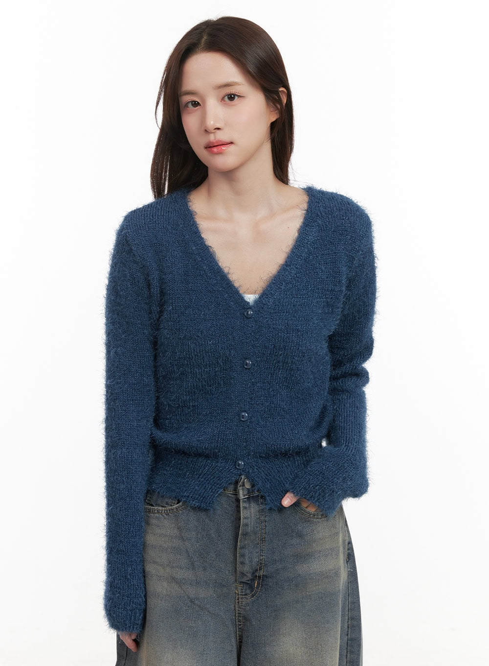 Fuzzy V-Neck Buttoned Crop Cardigan IJ510