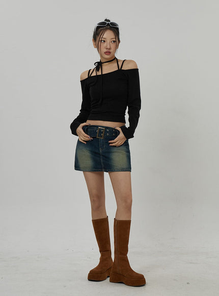 Neck Ribbon Detail Long Sleeve Cropped Top CD21