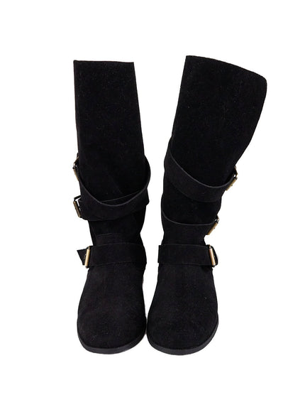 Triple Buckle Suede Mid-Calf Boots CJ511