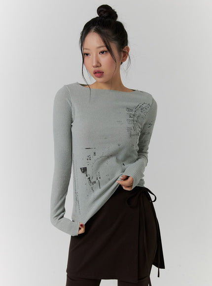 round-neck-graphic-long-sleeve-top-cd319 / Mint