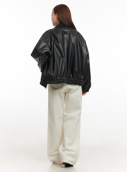 Faux Leather Zip-Up Bomber Jacket IM513