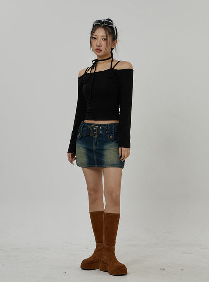 Neck Ribbon Detail Long Sleeve Cropped Top CD21